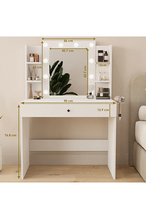 Hollywood Işıklı Aynalı Kulis Makyaj Masası Takı Düzenleyici Beyaz Patentli Tasarım